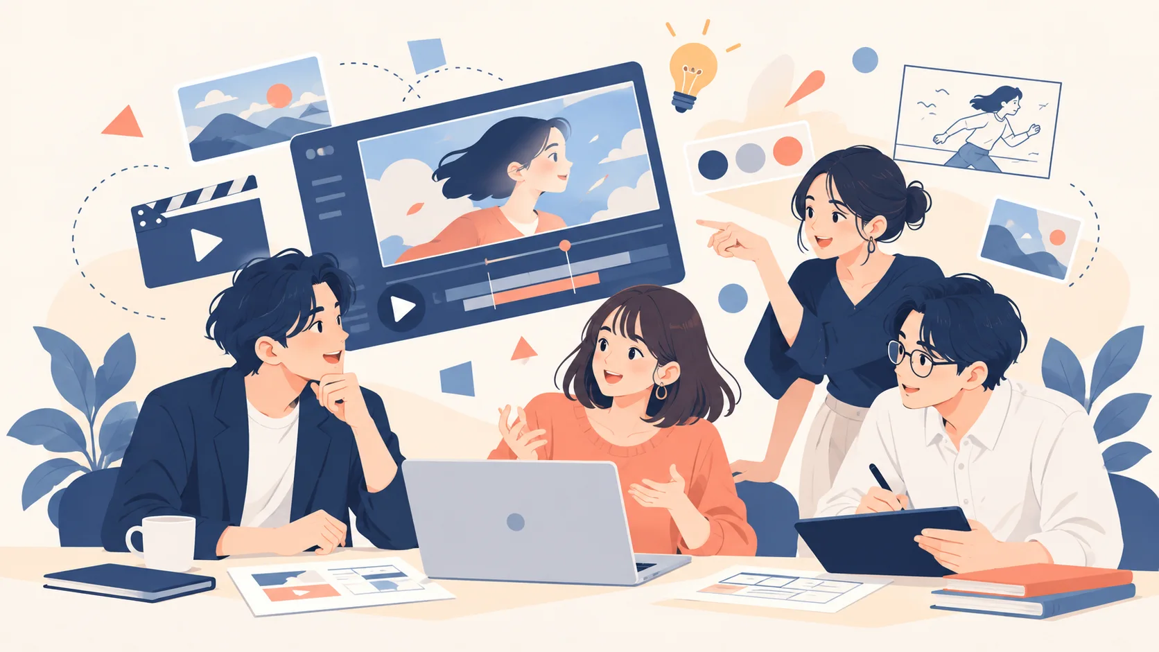 デジタルコンテンツを制作するチームのイラスト